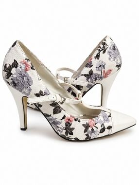 Jessica Floral T-Strap Heels White Pointed Toe Pumps Elegant Patterned Heels